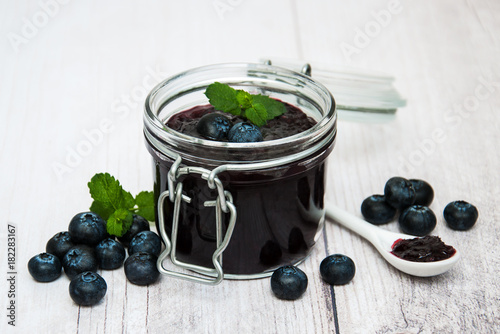 Jar with blueberry jam