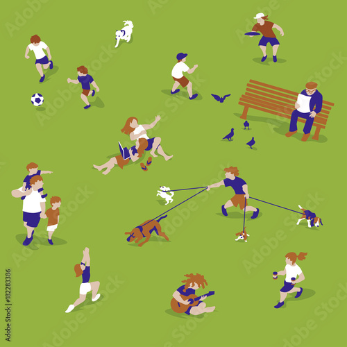 Vector Illustration of people playing, exercising and enjoying in park. Characters set.