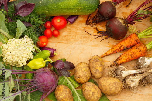 Harvest of fresh vegetables on a wooden background, in garden background. Top view. Garlic, beet, zucchini, kohlrabi, cauliflower, pepper, tomatoes, potatoes, basil, cucumber, dill.