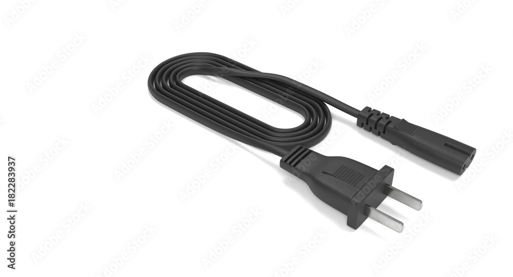 3D rendering - power cable with iec-c7 connector isolated on white background. 3D rendering - power cable with iec-c7 connector isolated on white background.