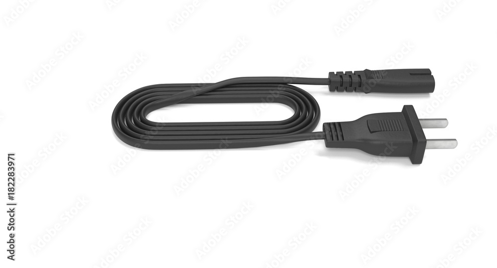 3D rendering - power cable with iec-c7 connector isolated on white background. 3D rendering - power cable with iec-c7 connector isolated on white background.