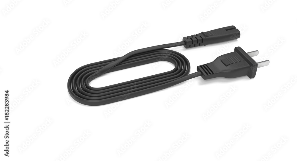3D rendering - power cable with iec-c7 connector isolated on white background. 3D rendering - power cable with iec-c7 connector isolated on white background.