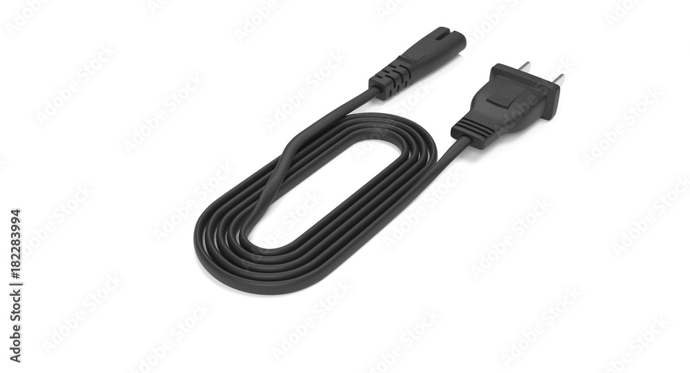3D rendering - power cable with iec-c7 connector isolated on white background. 3D rendering - power cable with iec-c7 connector isolated on white background.