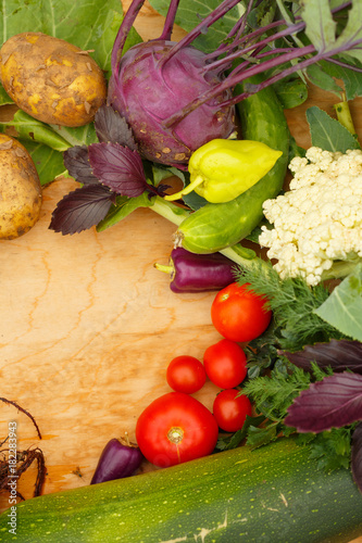 Harvest of fresh vegetables on a wooden background, in garden background. Top view. Garlic, beet, zucchini, kohlrabi, cauliflower, pepper, tomatoes, potatoes, basil, cucumber, dill.