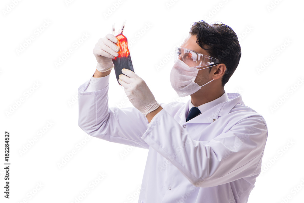 Doctor in blood donation concept isolated on white Doctor in blood donation concept isolated on white