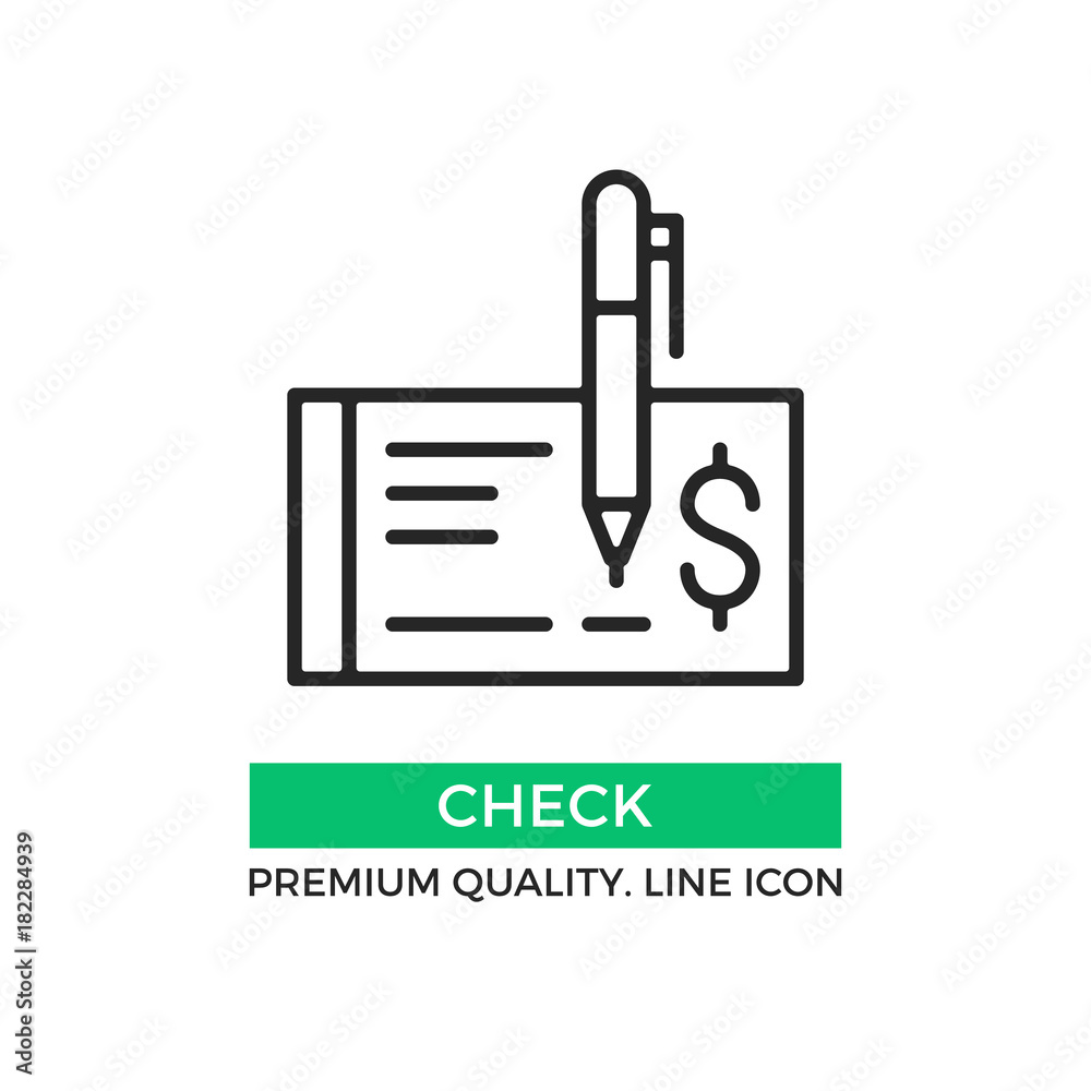 Vector check icon. Cheque and pen. Draw a check concept. Premium quality graphic design element. Modern sign, linear pictogram, outline symbol, simple thin line icon Vector check icon. Cheque and pen. Draw a check concept. Premium quality graphic design element. Modern sign, linear pictogram, outline symbol, simple thin line icon