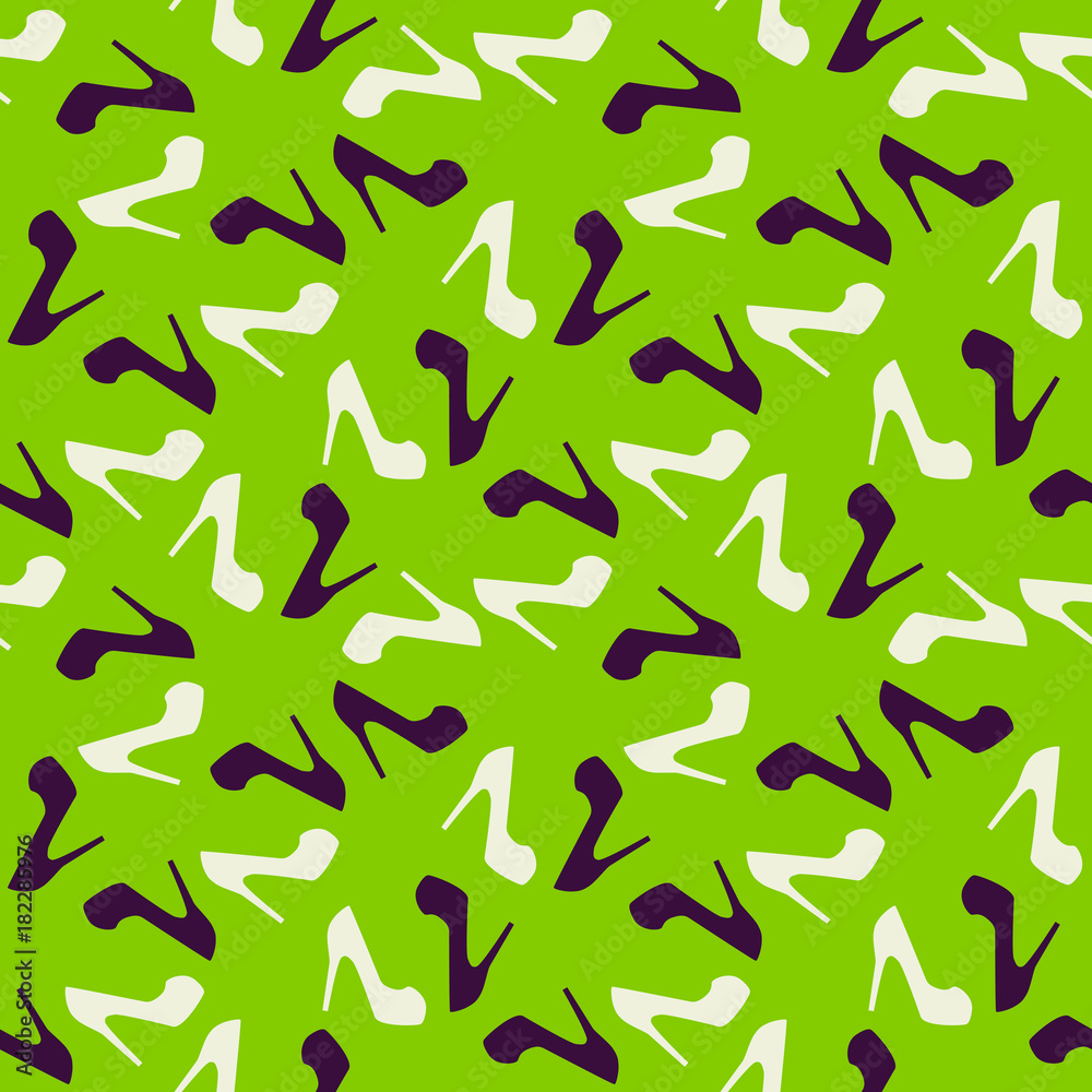 Pattern of women shoes on the green background. 