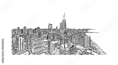 Hand drawn sketch of Chicago skyline, big city, architecture, engraving in vector illustration.