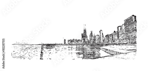 Hand drawn sketch of Chicago skyline, big city, architecture, engraving in vector illustration.