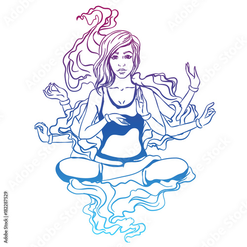 Vector illustration of a yoga girl in a lotus pose. The girl is engaged in yoga, reaches enlightenment. Four-armed goddess, entrance to catharsis. photo