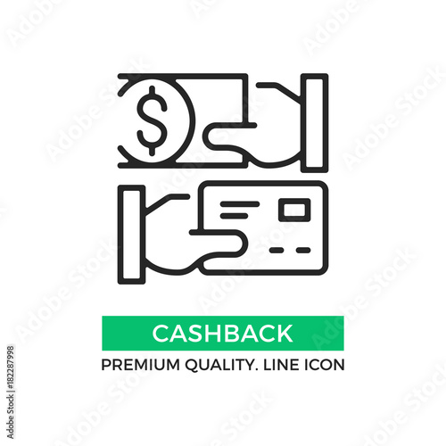 Vector cashback icon. Cash back. Hand holding credit card and hand holding dollar bill. Premium quality graphic design element. Modern sign, linear pictogram, outline symbol, simple thin line icon