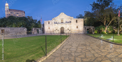 Panorama view the Alamo Mission in San Antonio at blue hour. It is commonly called The Alamo and was known as Misión San Antonio de Valero. A top-rated, rich colonial heritage tourist attraction
