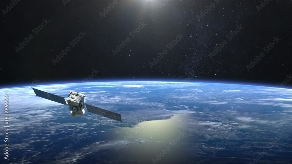 The satellite scan and monitor the Earth. The satellite slowly flies away. The earth rotates slowly. 4K.