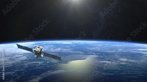 The satellite scan and monitor the Earth. The satellite slowly flies away. The earth rotates slowly. 4K.