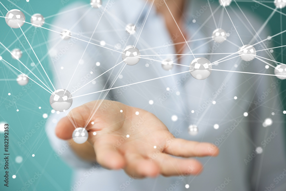 Businesswoman using flying network balls connection 3D rendering Businesswoman using flying network balls connection 3D rendering
