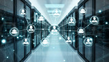 Social network over server room data center 3D rendering