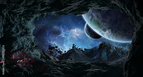Astronauts exploring a cave in asteroid 3D rendering elements of this image furnished by NASA