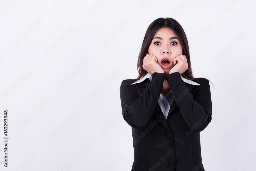 Excited and shocked young Asian businesswoman with hand cover her face isolated on white background background.