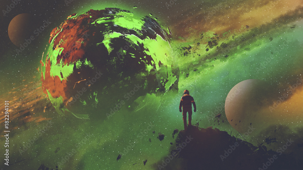 sci-fi concept of an astronaut standing on huge rock looking at the acid planet, digital art style, illustration painting - obrazy, fototapety, plakaty 