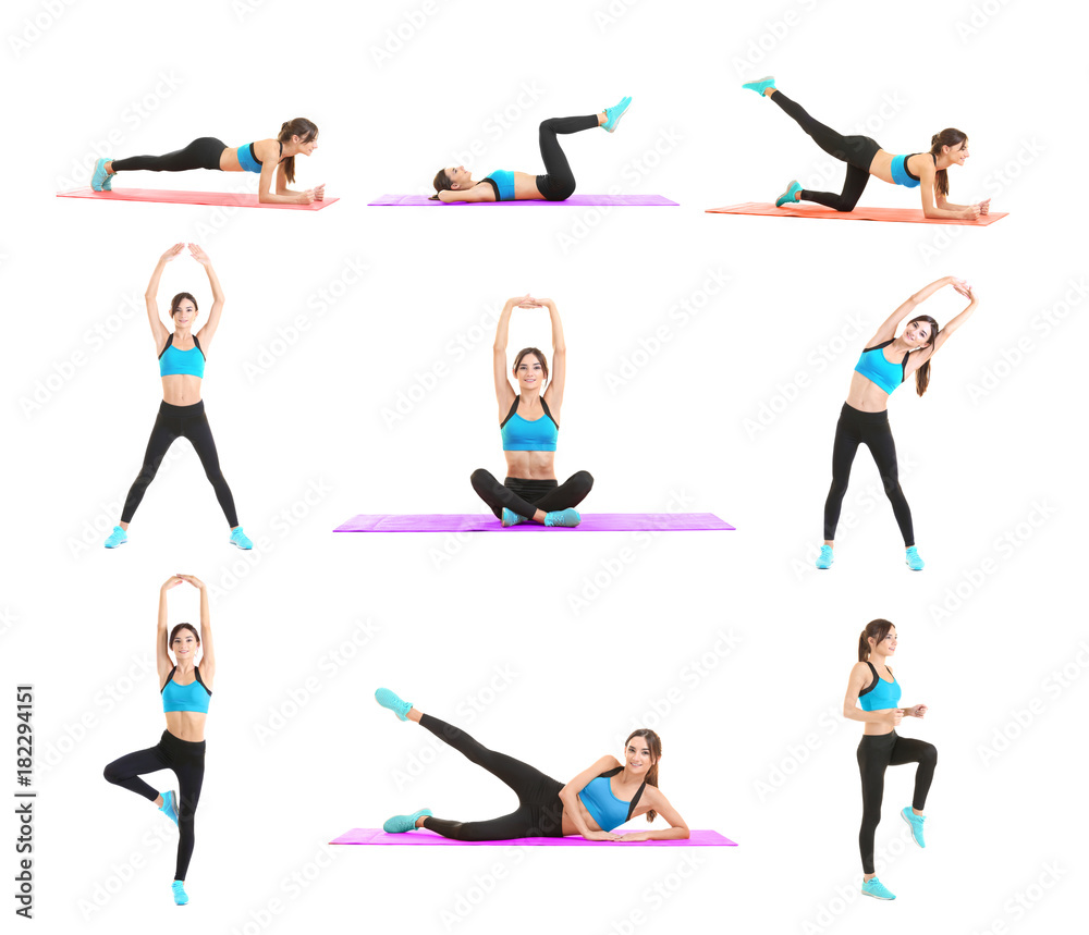 Collage with beautiful young woman doing different exercises on white background Collage with beautiful young woman doing different exercises on white background
