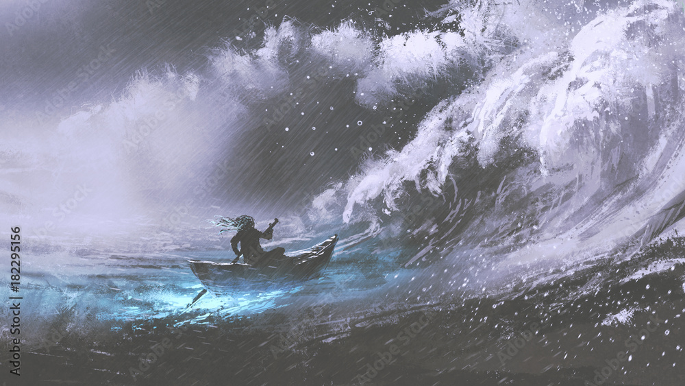 man rowing a magic boat in stormy sea with rogue waves, digital art style, illustration painting - obrazy, fototapety, plakaty 