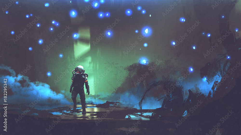 the astronaut walking in a fantastic forest with glowing spores floating around in the air, digital art style, illustration painting