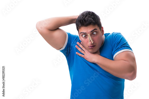 Man sweating excessively smelling bad isolated on white backgrou