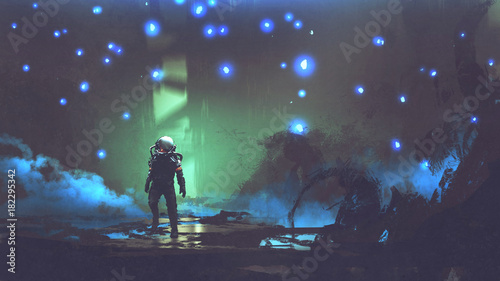 the astronaut walking in a fantastic forest with glowing spores floating around in the air, digital art style, illustration painting
