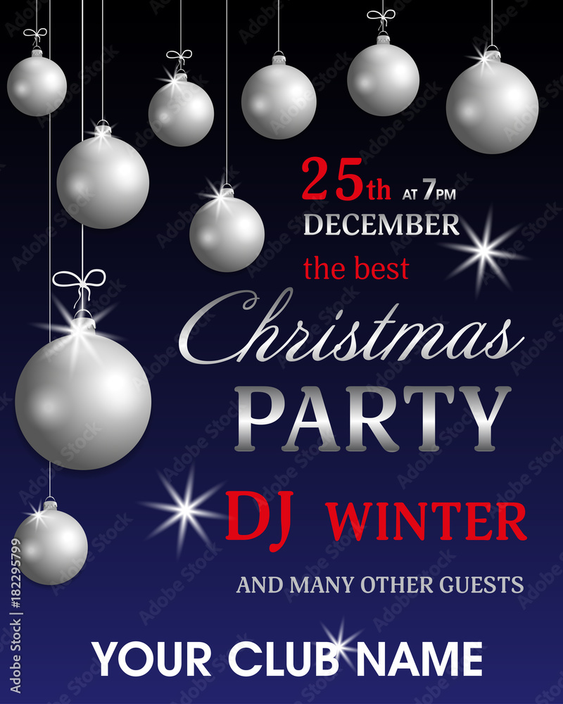 Template poster invitation Christmas party and New Year with silver balls. Holidays flyer design. Vector Template poster invitation Christmas party and New Year with silver balls. Holidays flyer design. Vector