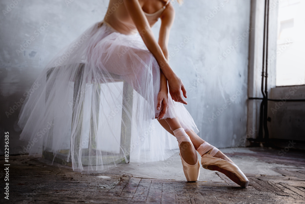 Fototapeta premium Young and slim ballet dancer is posing in a stylish studio with big windows