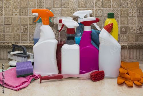 Cleaning and maintenance products, household chemicals, rags, sponges, brushes, rubber gloves for cleaning apartments and office, bathroom.