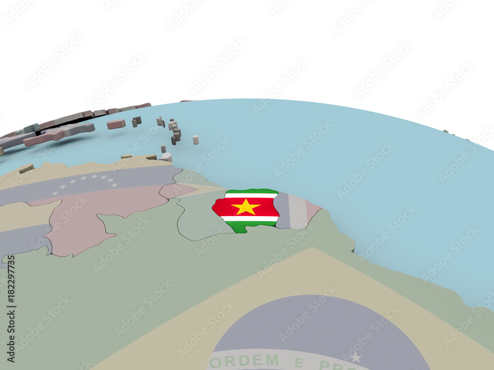 Naklejka premium Political map of Suriname on globe with flag