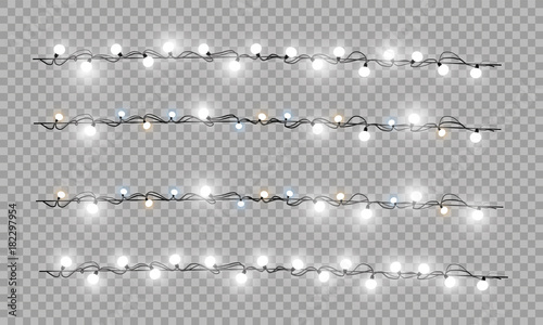 Christmas lights isolated realistic design elements. Glowing lights for Xmas Holiday greeting card design. Garlands, Christmas decorations.
