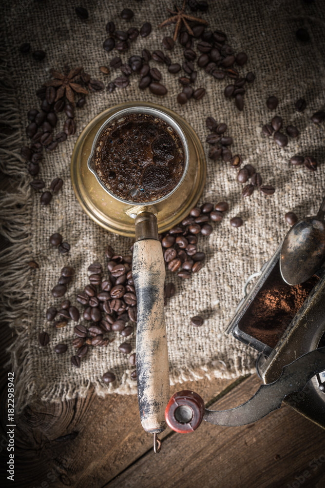 Obraz Turkish coffee in copper coffe pot