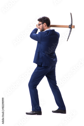 Young businessman with axe isolated on white