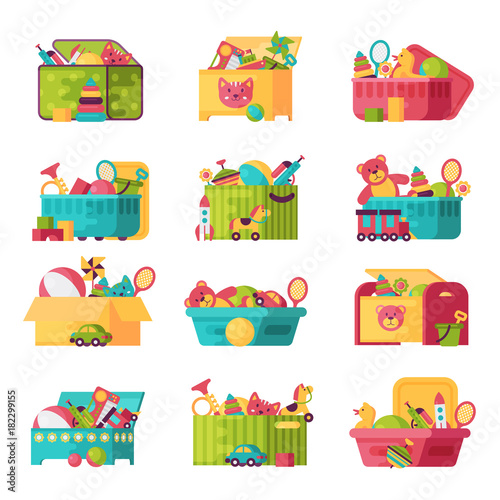 Full kid toys in boxes for kids play childhood babyroom container vector illustration