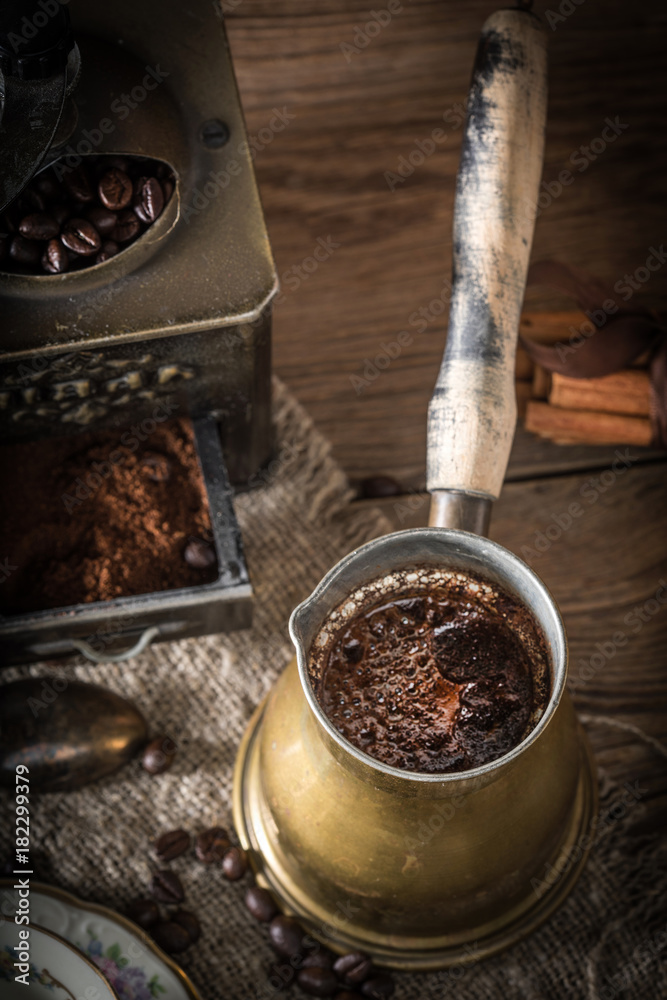 Turkish coffee in copper coffe pot