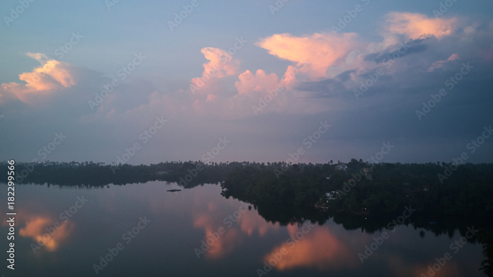 beautiful sunrise over tropical lake aerial shot
