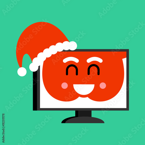 Computer Santa Claus Emoji. Merry pc. Red Santa hat. Online christmas. Vector illustration