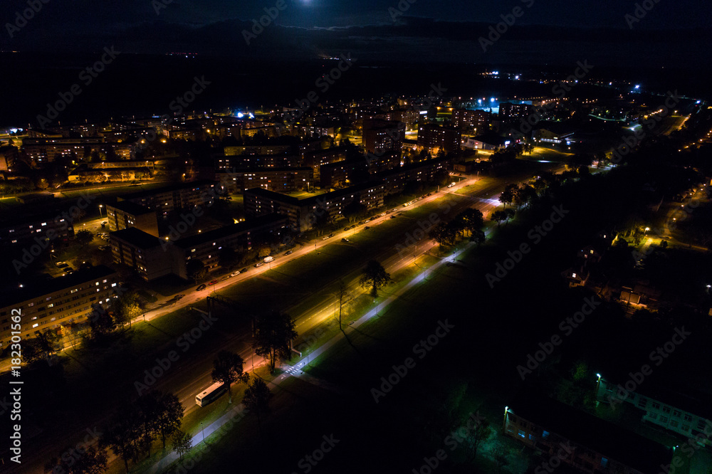 Aerial view of the city at night.