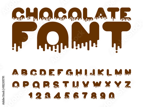 Chocolate font. sweetness alphabet. Liquid lettering. Sweet viscous ABC sign