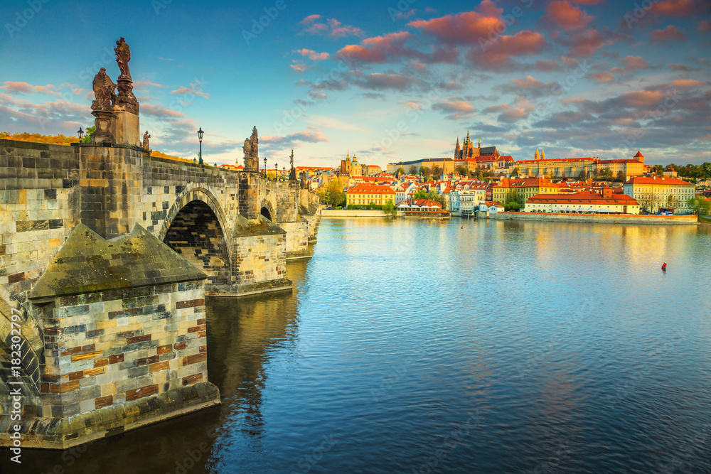 Wonderful medieval stone Charles bridge and castle, Prague, Czech Republic