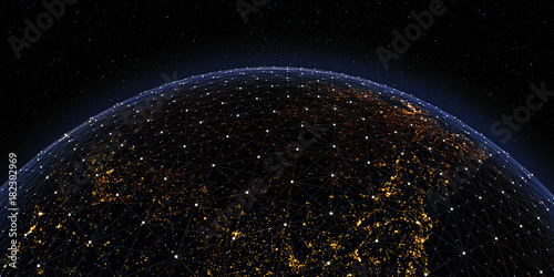 Global International Connectivity Background/Futuristic Technology  Theme Background with Light Effect. Connection lines Around Earth Globe