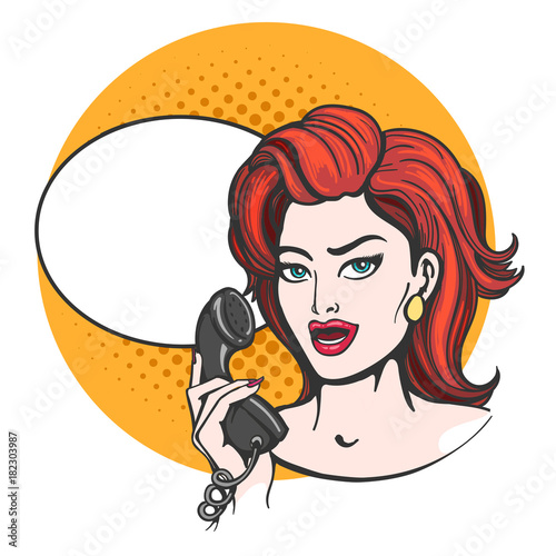 Woman with phone drawn in pop art style. Vector illustration