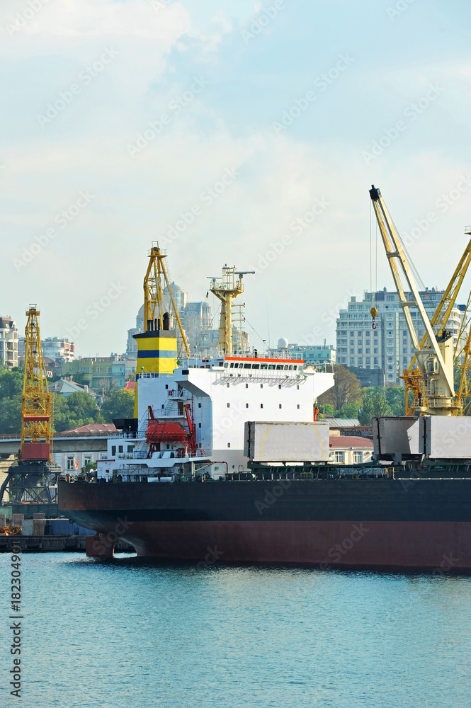 Fototapeta premium Bulk cargo ship under port crane