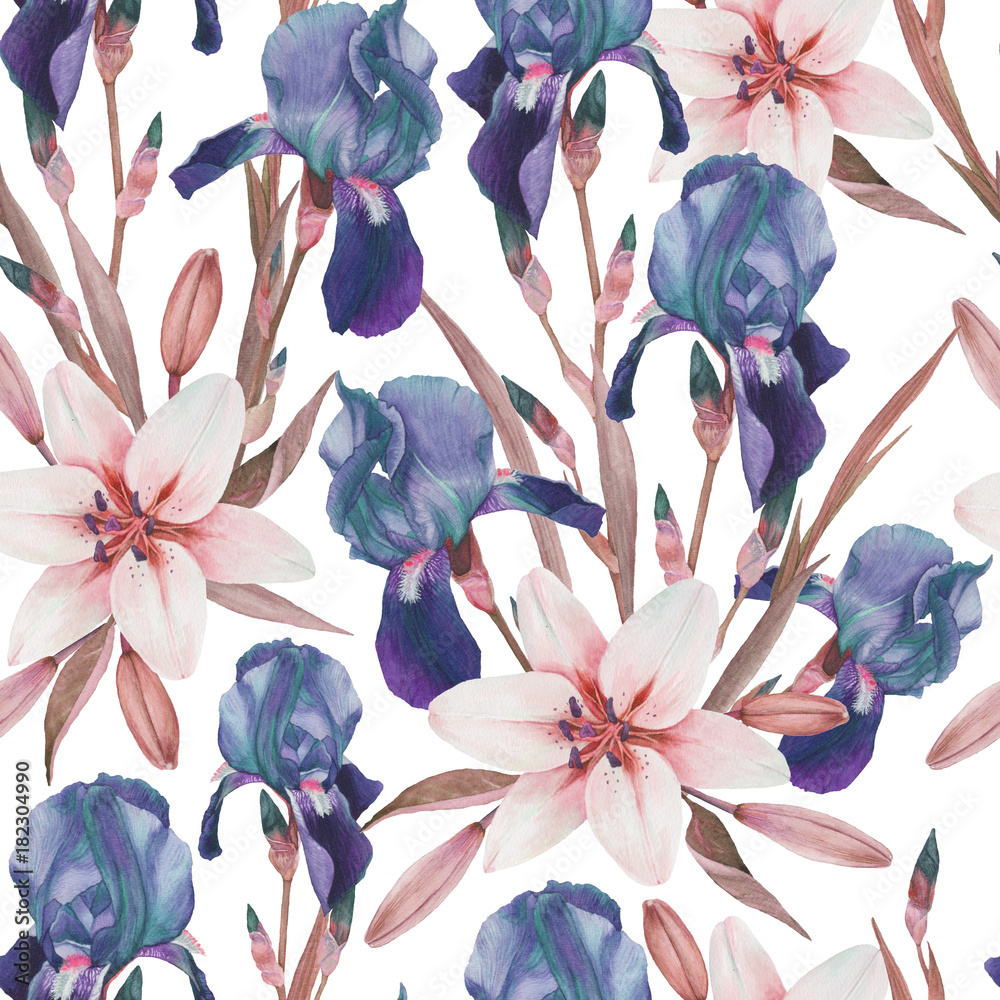 Fototapeta premium Kwiatowy wzór z ręcznie rysowane akwarela Irysy i białe lilie w stylu vintage