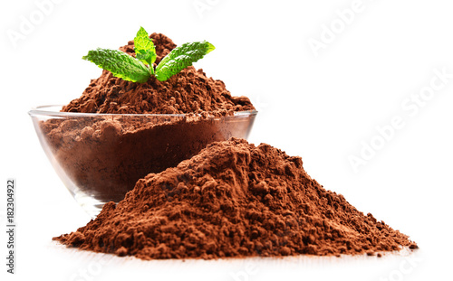 Composition with bowl of cocoa powder isolated on white