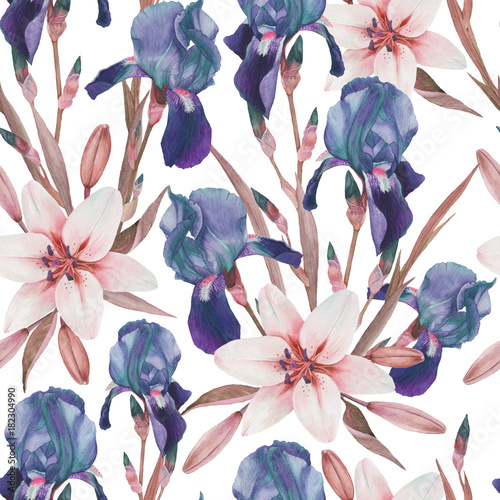 Kwiatowy wzór z ręcznie rysowane akwarela irysy i białe lilie w stylu vintage