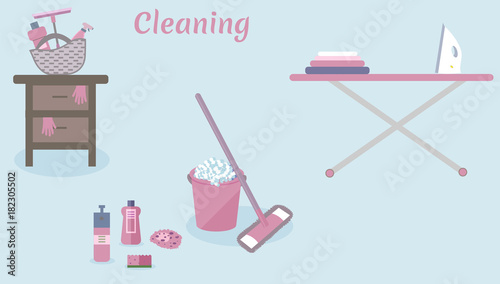 Tools for housekeeping: a pink bucket with soapy foam, MOP, bottles of detergent, sprays and a sponge, a squeegee, a table, an iron, a ironing board. Vector illustration. Cleaning