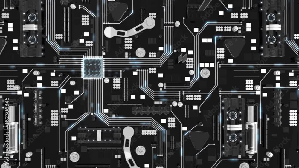 Seamless looping 3d animated futuristic motherboard in 4K resolution (top shot)